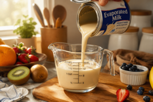A can of evaporated milk pouring thick creamy milk on a kitchen counter