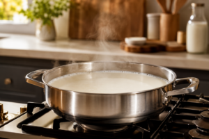 Fresh whole milk simmering in a wide pan to make homemade evaporated milk