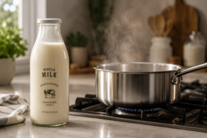 Fresh regular whole milk in a glass bottle next to a pan making evaporated milk