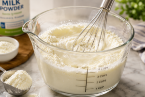 Powdered dry milk being whisked with warm water in a bowl