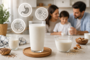 Cow milk side effects awareness image showing fresh milk and dairy sensitivity concepts