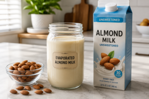 A glass jar of homemade evaporated almond milk sitting on a kitchen counter next to whole almonds.