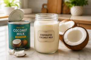 A glass jar of homemade evaporated coconut milk sitting on a kitchen counter near fresh coconuts.