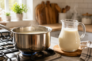 A saucepan simmering milk on a stove to make homemade sugar-free evaporated milk on a clean kitchen counter.