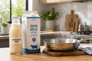 A bottle of homemade low-fat evaporated milk prepared from skim milk on a modern kitchen counter.