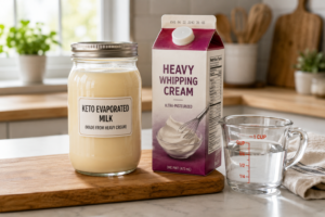 A glass jar of homemade keto evaporated milk prepared with heavy cream on a kitchen counter.