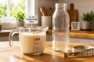 A glass measuring cup filled with exactly 12 oz of homemade evaporated milk on a kitchen counter.