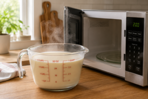 A glass measuring bowl with freshly microwaved evaporated milk sitting on a kitchen counter near a microwave.
