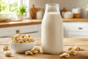 A glass bottle of creamy white cashew milk next to raw cashews on a kitchen counter.