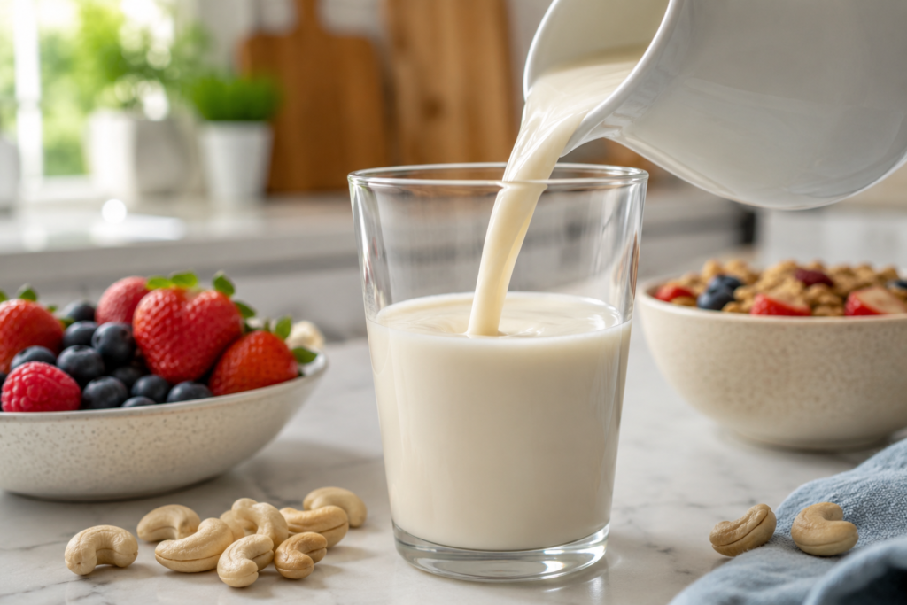 Pouring smooth white cashew milk into a clear glass for breakfast.