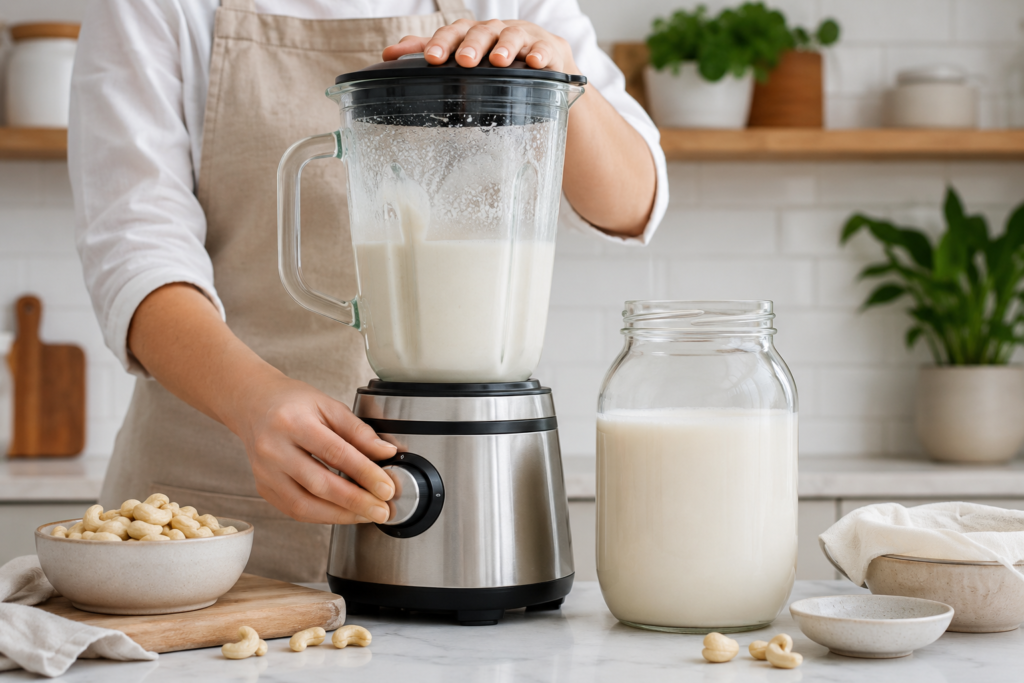 Preparing fresh homemade cashew milk in a clean kitchen blender.
