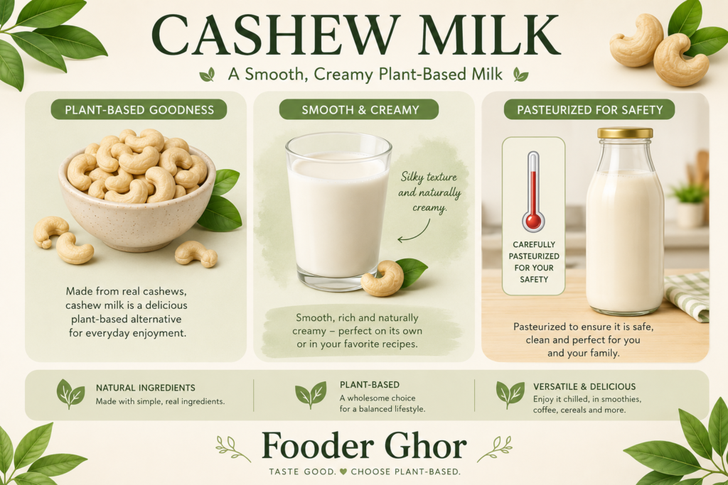 Comprehensive cashew milk infographic detailing taste, color, and safety by Fooder Ghor.