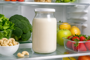 A sealed glass jar of cashew milk kept safely on a clean refrigerator shelf.