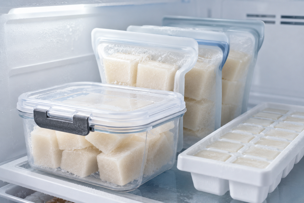 Storing frozen cashew milk cubes and containers inside a clean home freezer.