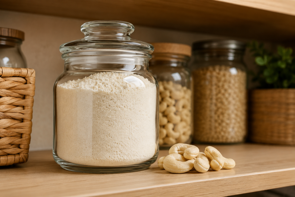 A glass jar of freeze-dried cashew milk powder on a pantry shelf.