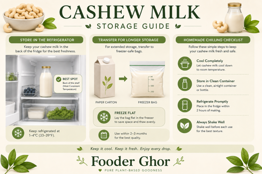 Comprehensive cashew milk storage infographic by Fooder Ghor.