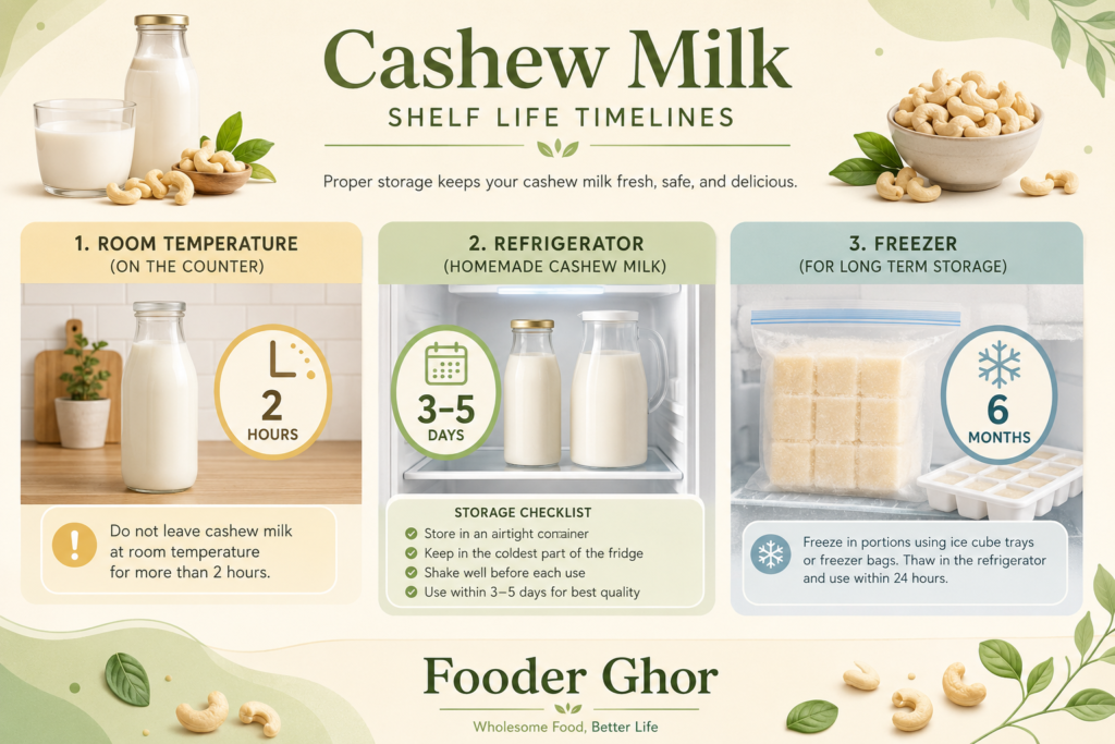 Comprehensive cashew milk shelf life timeline infographic by Fooder Ghor.