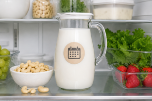 A clear glass jug of cashew milk sitting organized inside a modern home refrigerator.