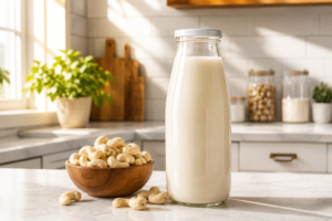 A fresh bottle of creamy cashew milk on a sunlit kitchen counter with raw cashews.