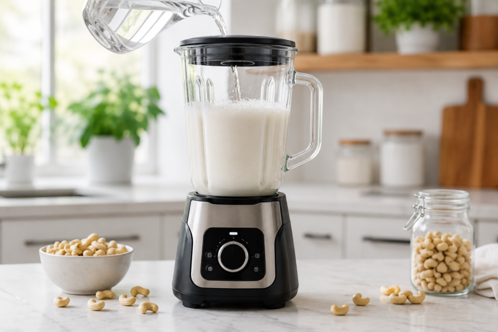 Making fresh homemade cashew milk in a kitchen blender on a marble surface.