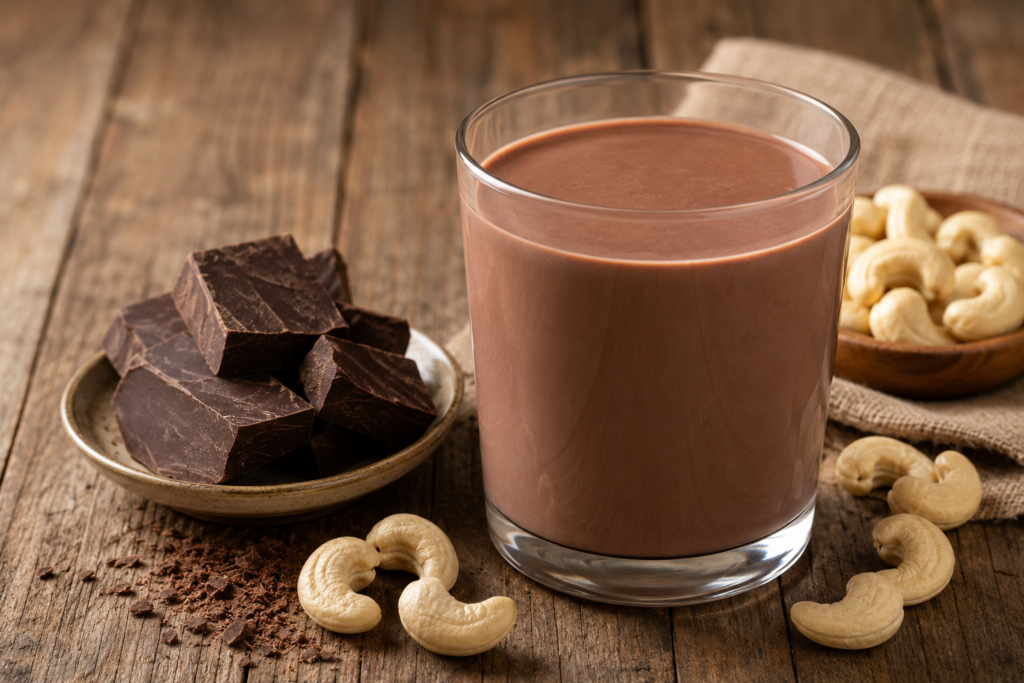 A glass of rich chocolate cashew milk next to dark cocoa blocks.