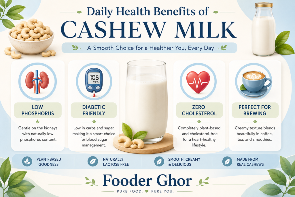 Fooder Ghor educational infographic displaying the health benefits of daily cashew milk consumption.