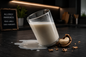 A spilling glass of cashew milk on a dark counter representing potential dietary risks.