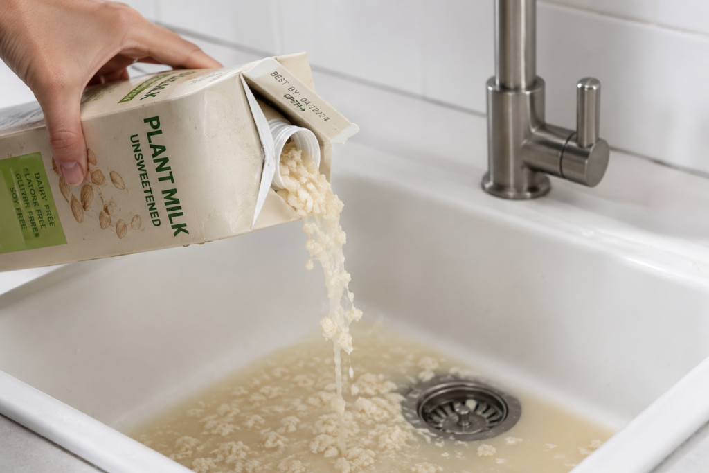 Pouring spoiled curdled nut milk into a kitchen sink.