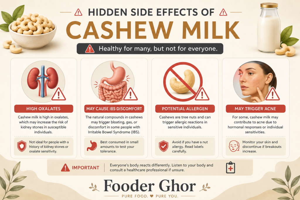 Fooder Ghor safety infographic detailing the adverse side effects of excessive cashew milk intake.