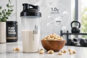 A modern shaker bottle with cashew milk next to raw nuts representing light plant proteins.