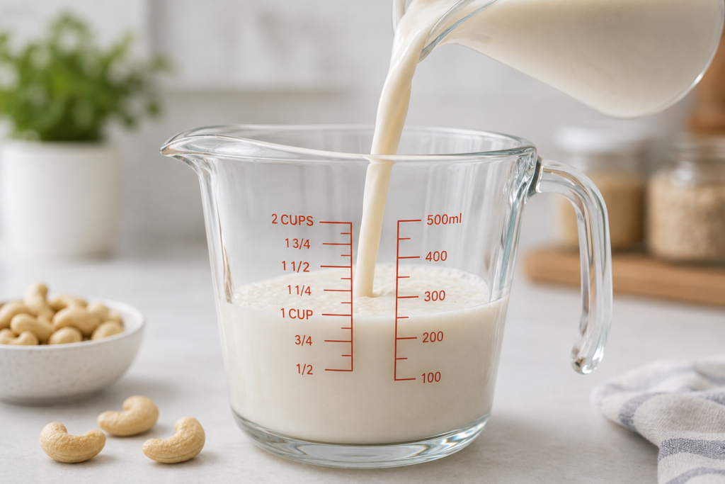 Measuring precise amounts of non-dairy nut milk for macro tracking.