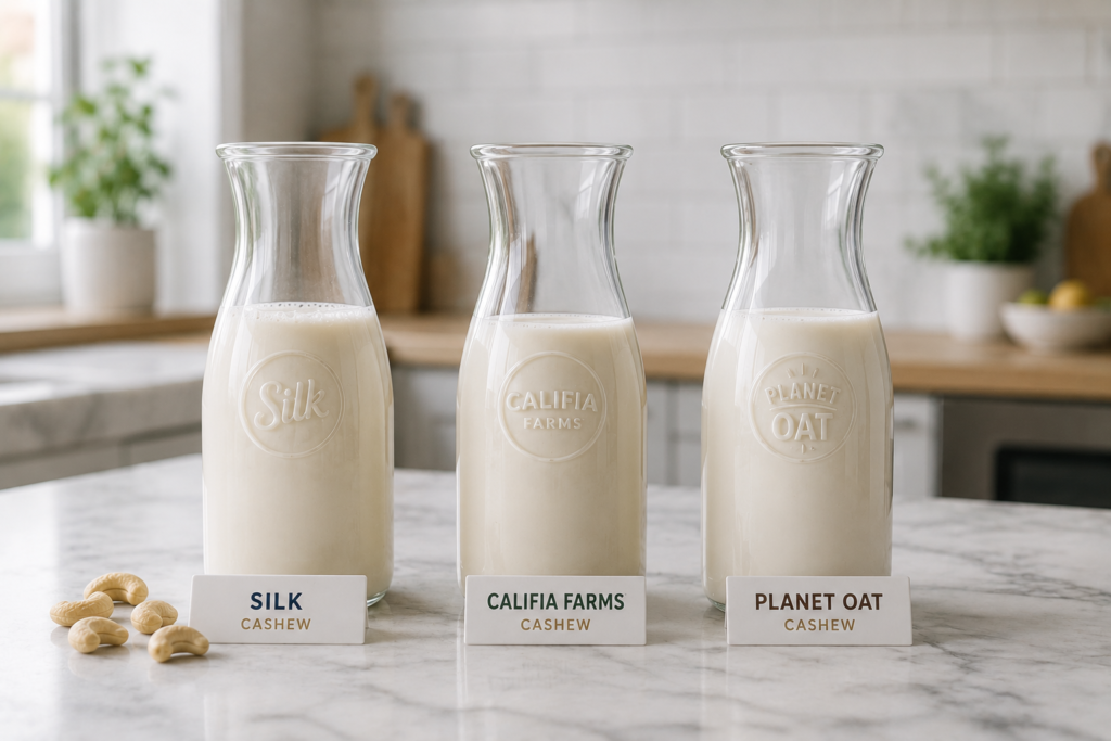 Comparing different commercial non-dairy milk options on a clean counter.