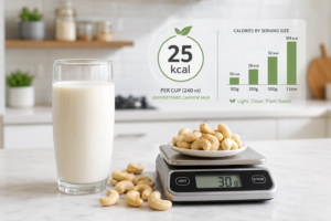 A glass cup of cashew milk on a kitchen counter representing low calorie energy.