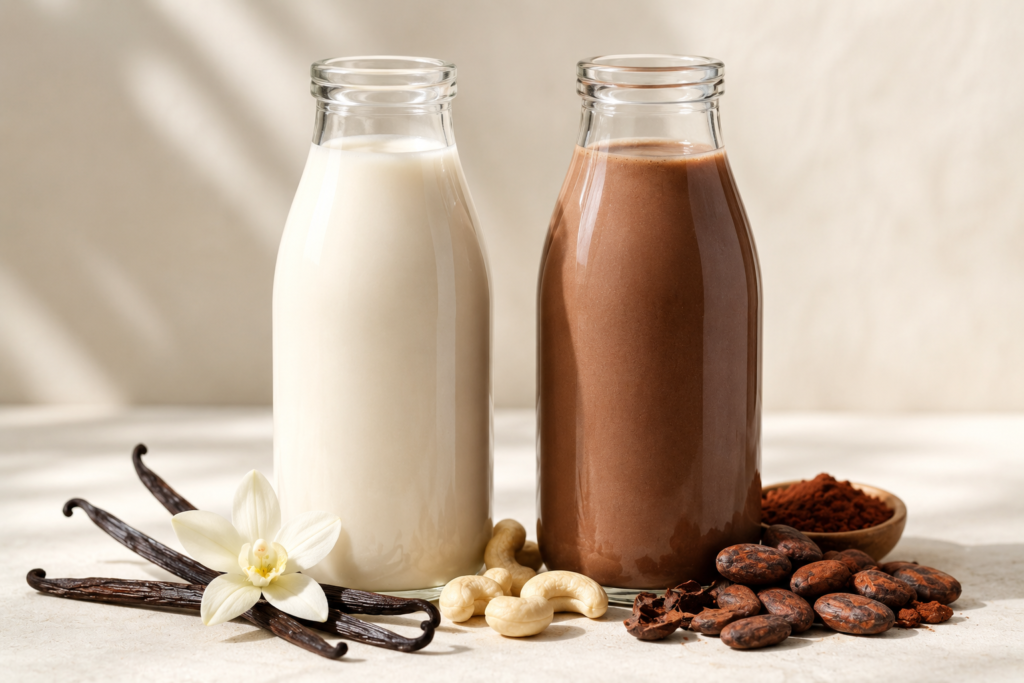 Comparing vanilla and chocolate flavored non-dairy milk options.