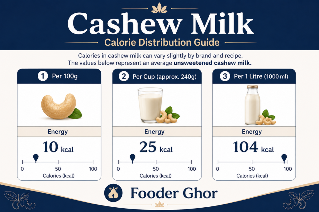 Representative infographic by Fooder Ghor showing unsweetened cashew milk calories per 100g, per cup (approx. 240g), and per 1 litre based on common serving sizes.
