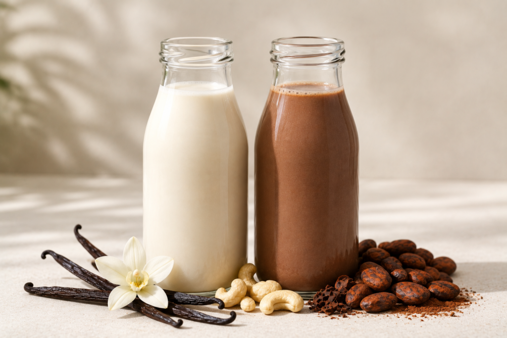 Comparing vanilla and chocolate flavored non-dairy milk options.