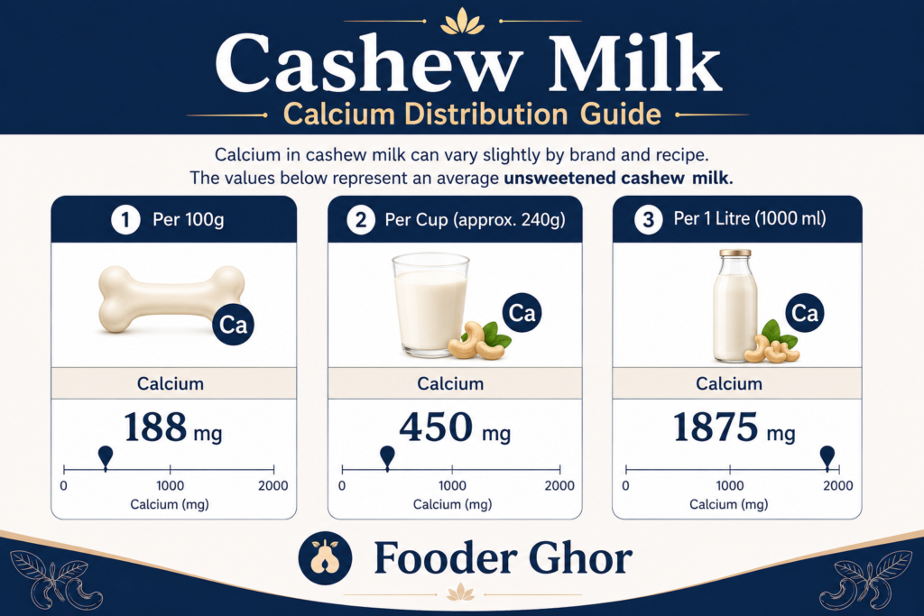 Fooder Ghor educational infographic detailing the exact plant calcium distribution of cashew milk across multiple serving sizes.