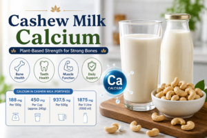 Cashew milk calcium content guide by Fooder Ghor with fortified calcium values and fresh cashew milk