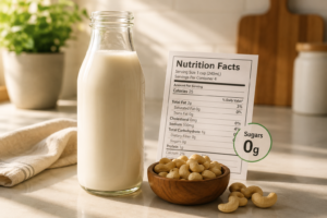 A fresh bottle of unsweetened cashew milk next to a bowl of raw cashews on a bright kitchen counter.