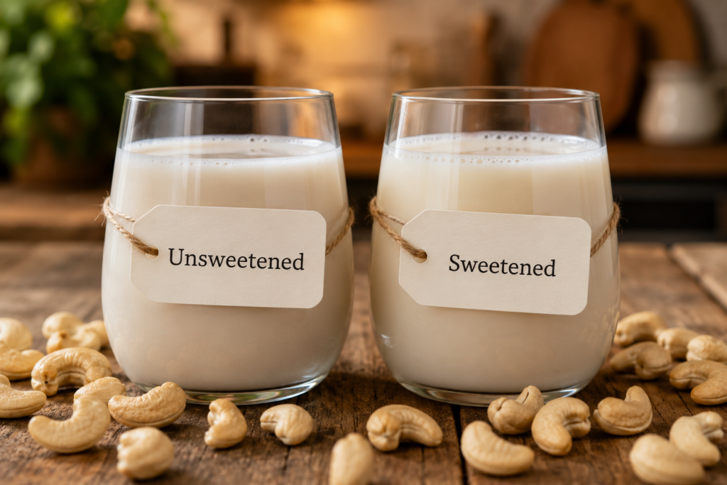 Two glasses comparing unsweetened and sweetened cashew milk variations side by side.