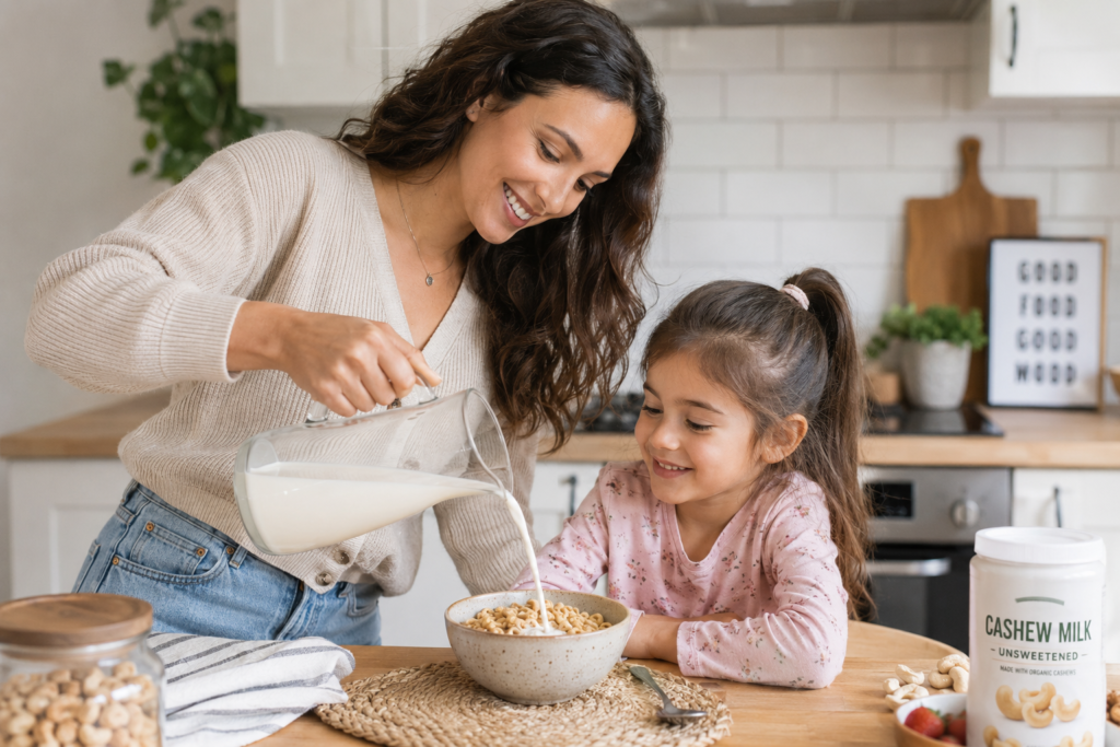A mother pouring healthy low sugar cashew milk into a bowl of breakfast cereal for her child.