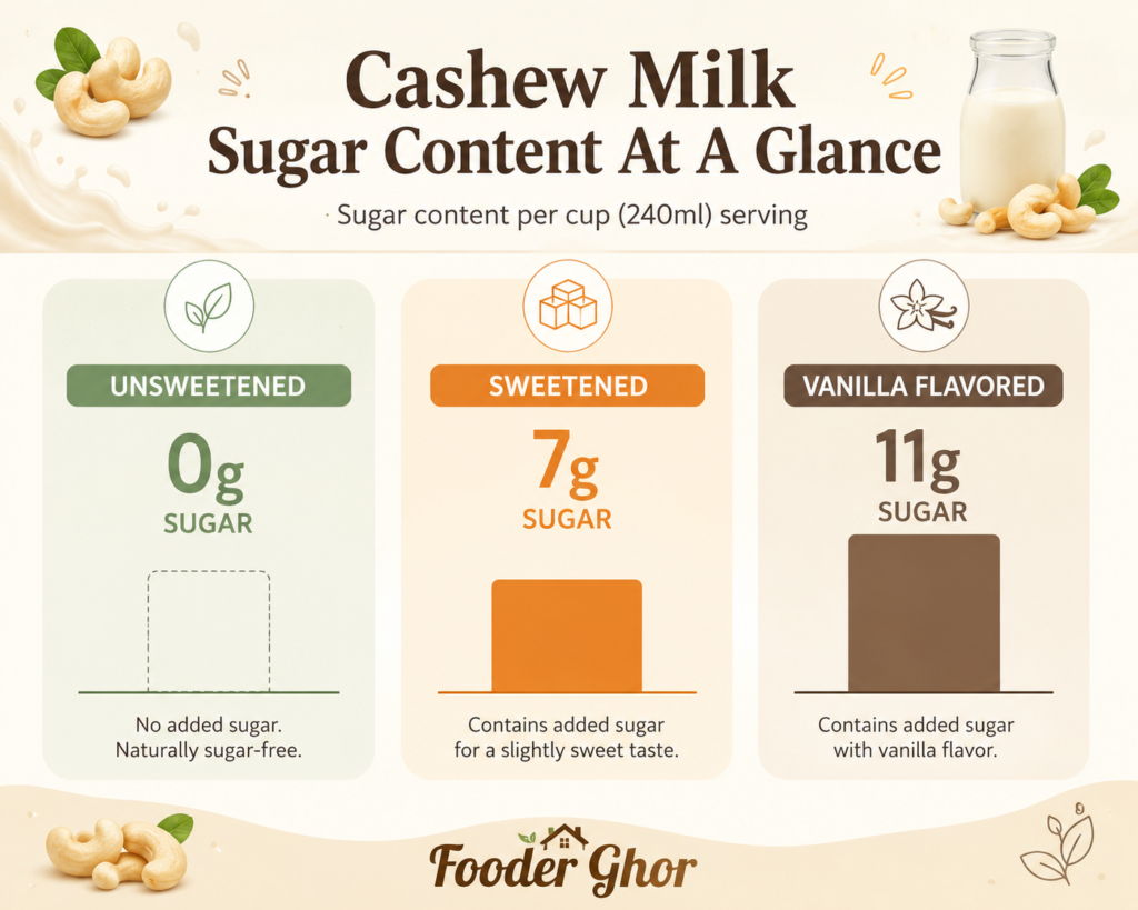 A comprehensive nutritional infographic chart comparing sugar levels in different types of cashew milk per cup.