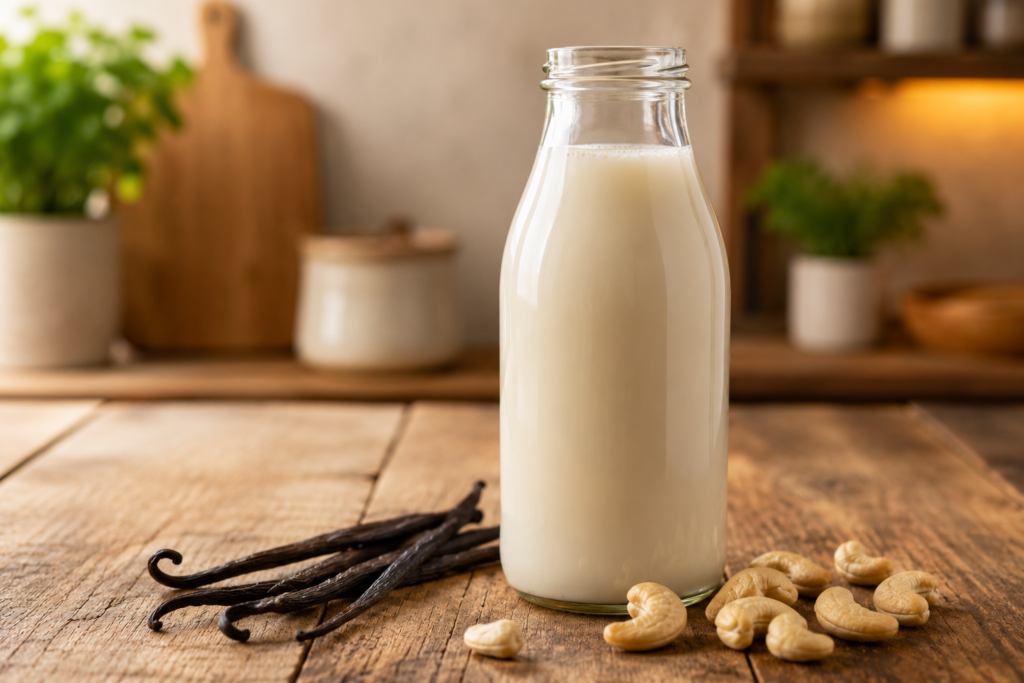 A bottle of creamy vanilla cashew milk next to vanilla beans and raw cashews on a wooden table.