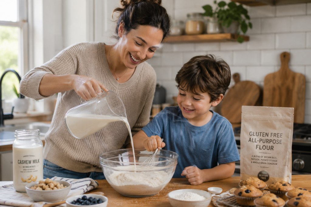 A parent using gluten free cashew milk to prepare a healthy homemade recipe in a bright kitchen.