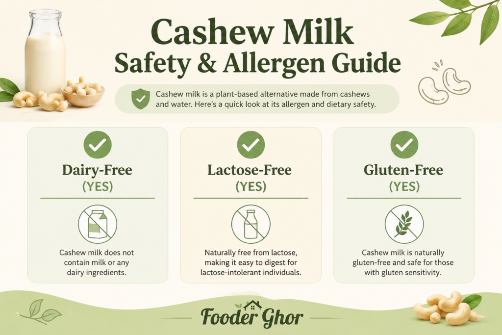 An allergen checklist infographic by Fooder Ghor confirming that cashew milk is completely dairy free, lactose free, and gluten free.