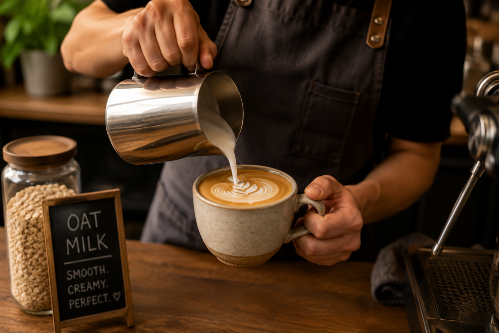 A barista pouring frothed plant milk into a hot cup of coffee to create elegant latte art.