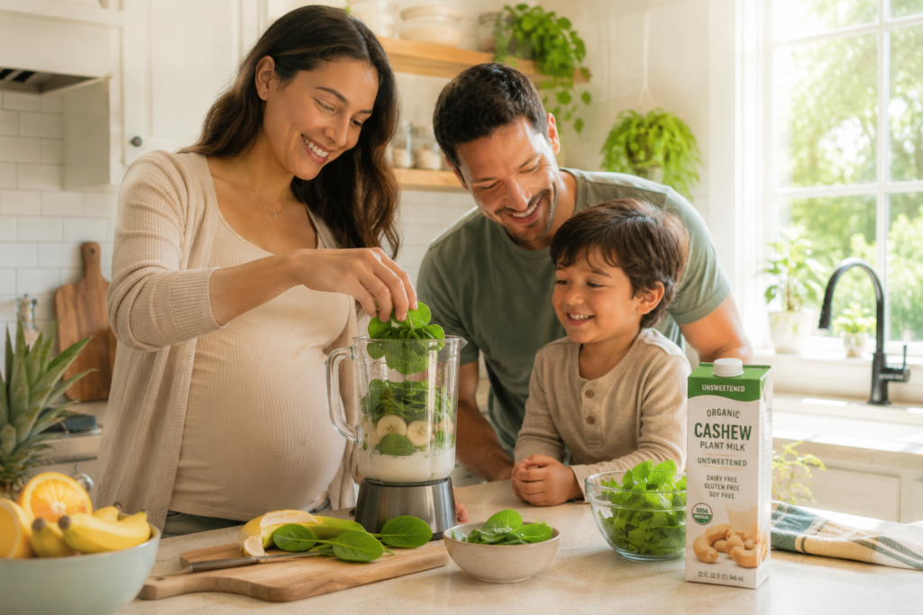 A smiling pregnant mother preparing a nutritious breakfast smoothie using healthy plant milk in her kitchen.
