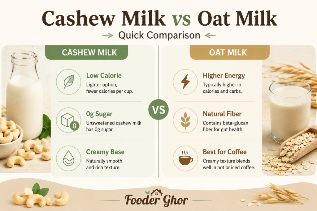 A visual infographic chart comparing the main benefits, calories, and culinary uses of cashew milk vs oat milk.