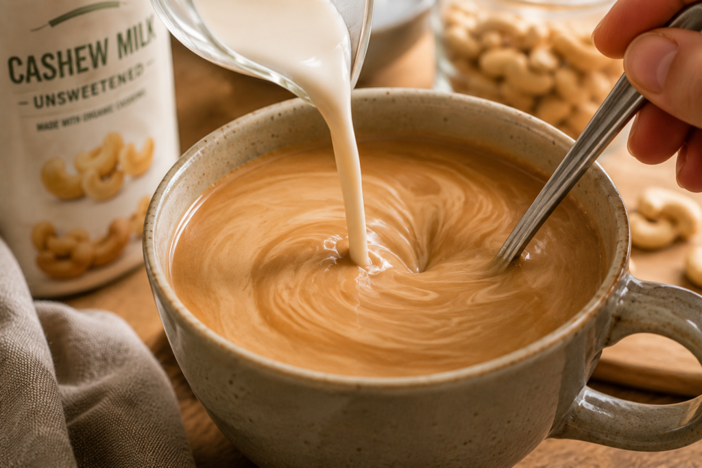 Rich cashew milk blending smoothly into a warm cup of breakfast coffee without curdling.