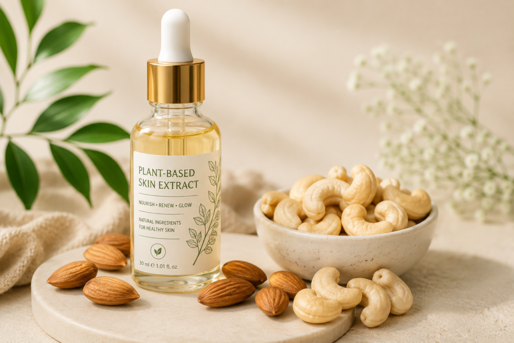 Natural almond and cashew elements arranged elegantly to highlight skin and facial health benefits.